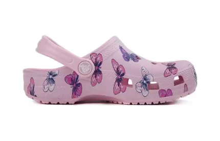 (PS) Crocs Classic tamanco Padrão Borboleta Outdoor Salto Plano Sandálias Esportivas Rosa