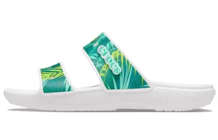 (WMNS) Crocs Classic Chinelos esportivos tropicais de salto plano para exterior branco verde